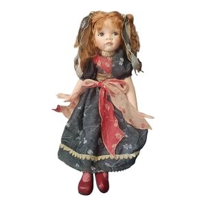 Seyman Collectible Porcelain Doll with Red Shoes and Floral Dress Signed